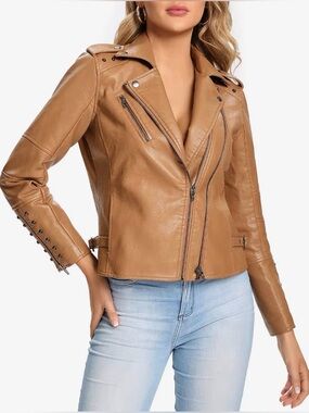 A257 S P Y M Double Zip Up Coat Tan XL Faux Leather Moto Jacket with Rivets NWT